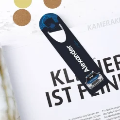 Lesezeichen mit Polizeiauto und Namensaufdruck