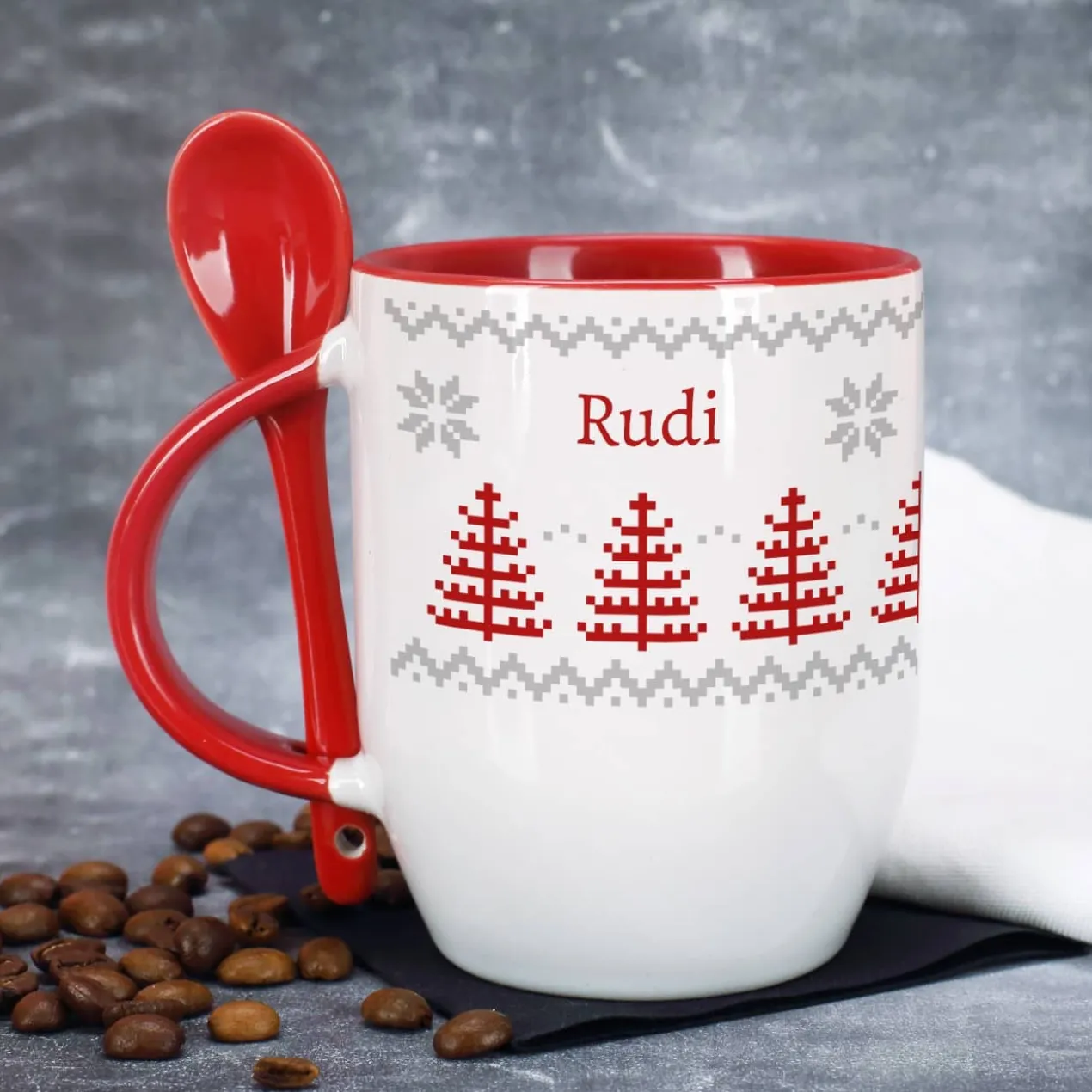 Löffeltasse mit norwegischem Muster und Ihrem Wunschnamen