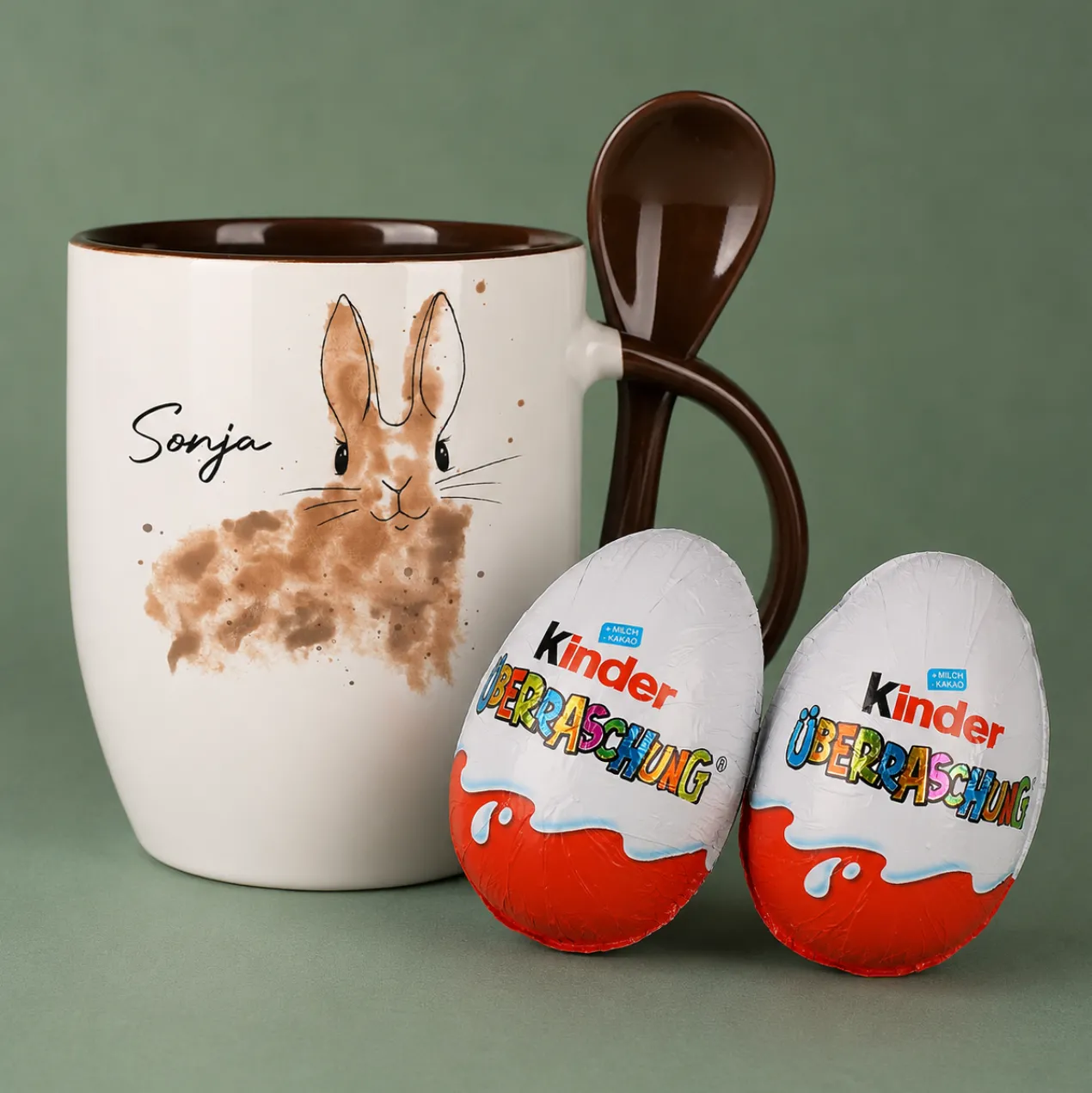 Löffeltasse mit Watercolor Hase und Ihrem Wunschnamen | Geschenk zu Ostern