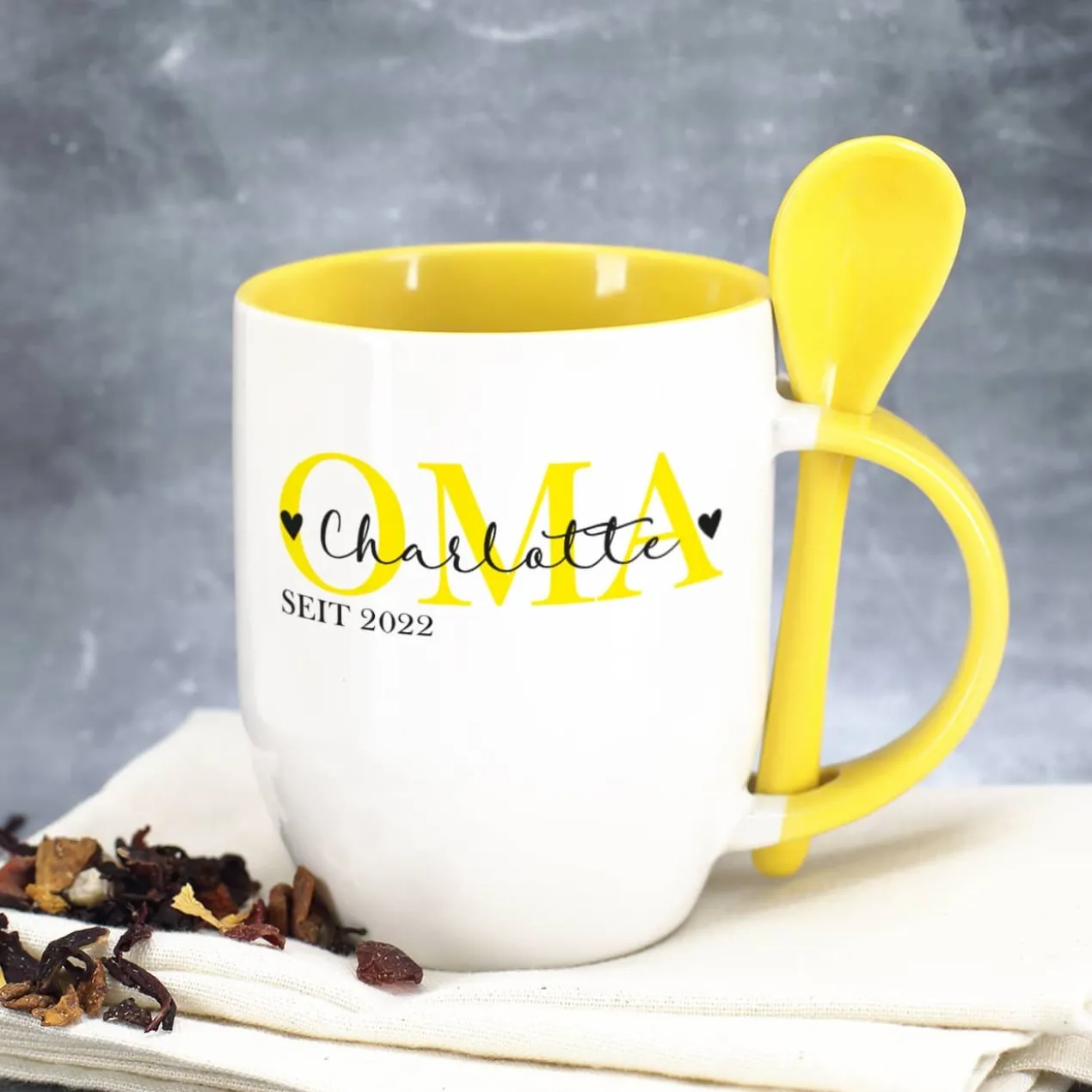 Löffeltasse - Oma seit - mit Wunschtext und Jahreszahl bedruckt
