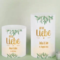 Lichthülle - Auf die Liebe - Tischdeko zur Hochzeit mit Name und Datum bedruckt