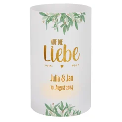 Lichthülle - Auf die Liebe - Tischdeko zur Hochzeit mit Name und Datum bedruckt