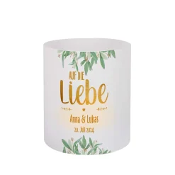 Lichthülle - Auf die Liebe - Tischdeko zur Hochzeit mit Name und Datum bedruckt