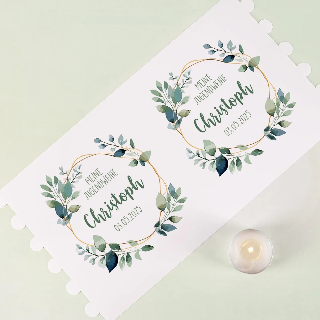 Lichthülle für Kerzen | Tischdeko zur Jugendweihe | 2 Größen | Personalisiert im Eukalyptus-Design