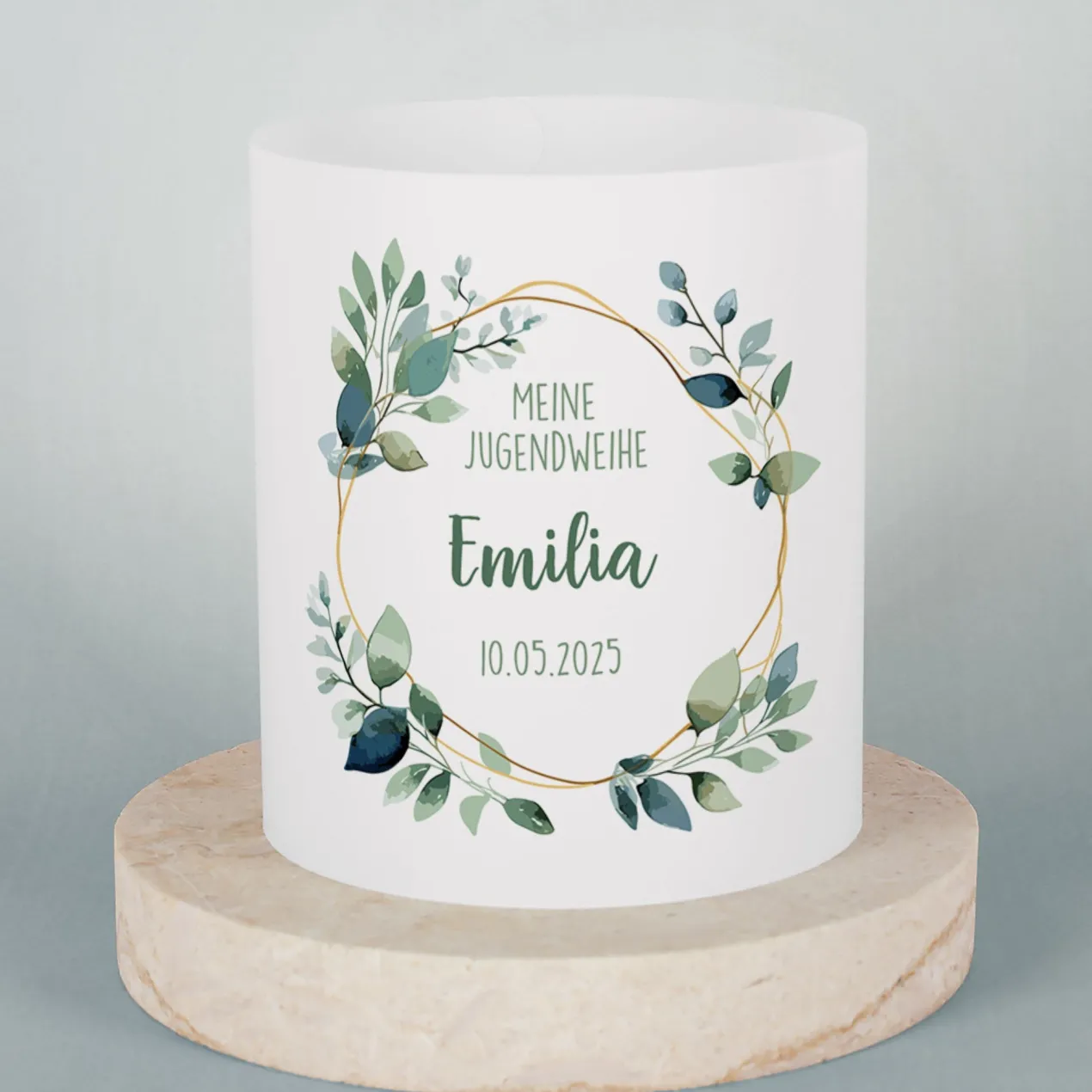 Lichthülle für Kerzen | Tischdeko zur Jugendweihe | 2 Größen | Personalisiert im Eukalyptus-Design
