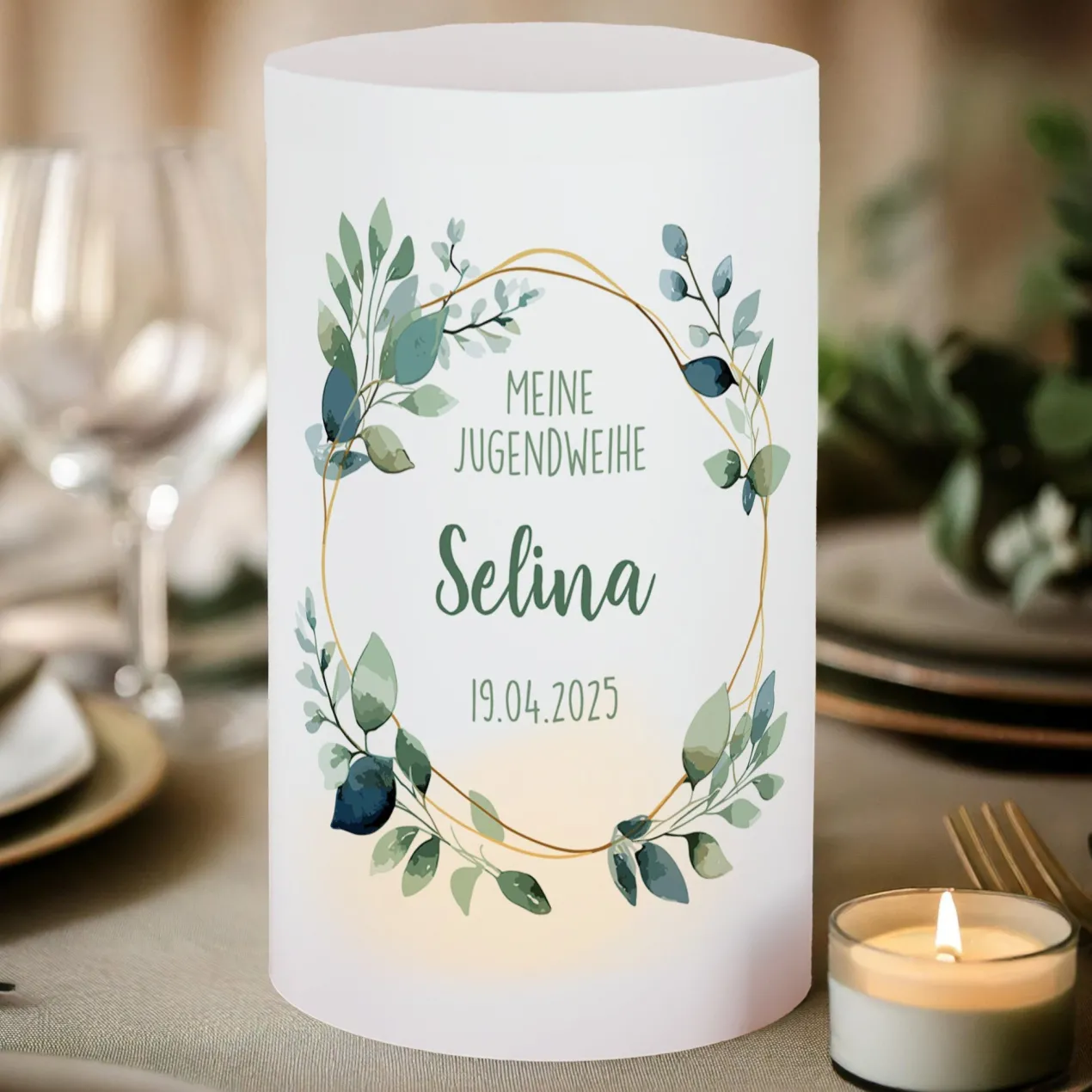 Lichthülle für Kerzen | Tischdeko zur Jugendweihe | 2 Größen | Personalisiert im Eukalyptus-Design
