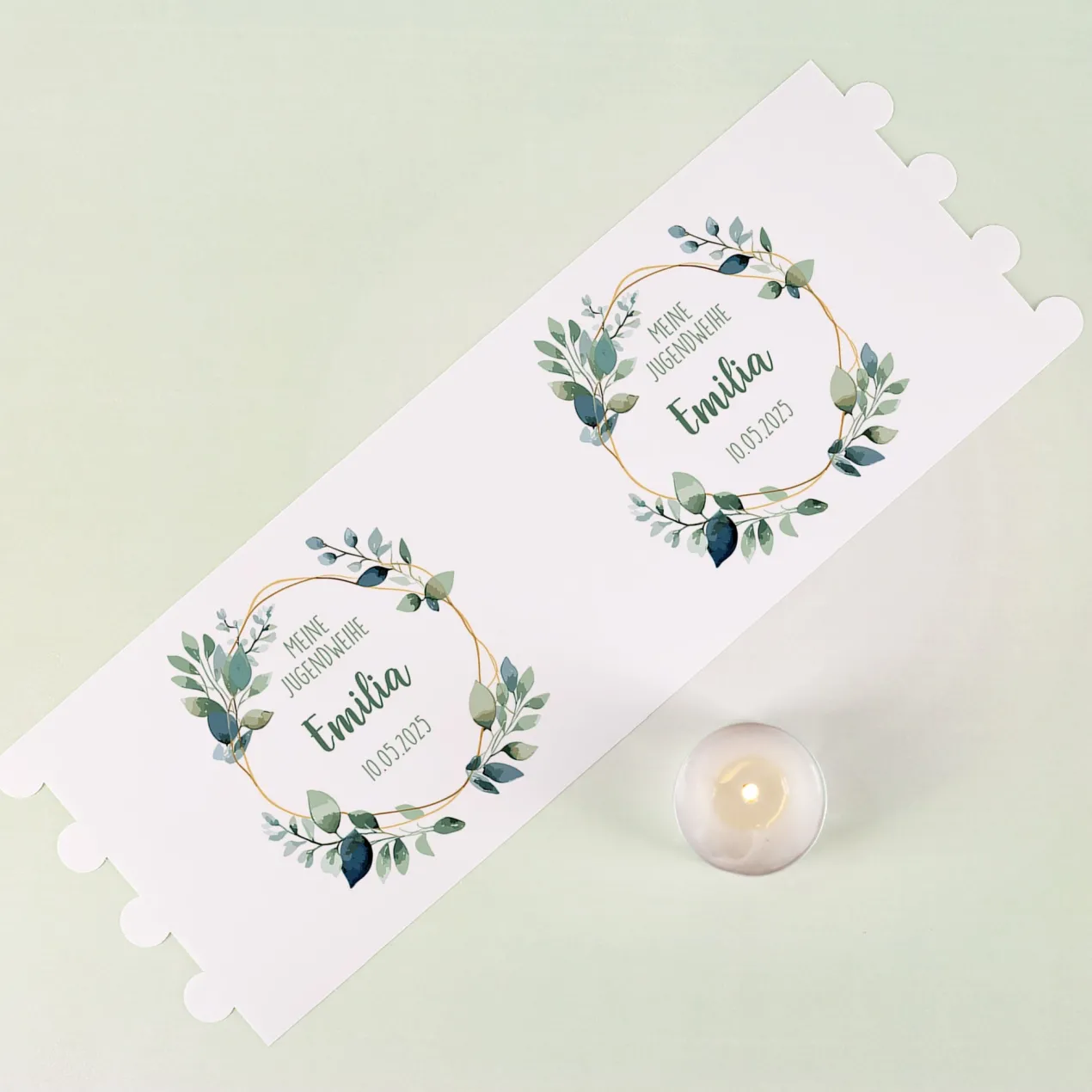 Lichthülle für Kerzen | Tischdeko zur Jugendweihe | 2 Größen | Personalisiert im Eukalyptus-Design