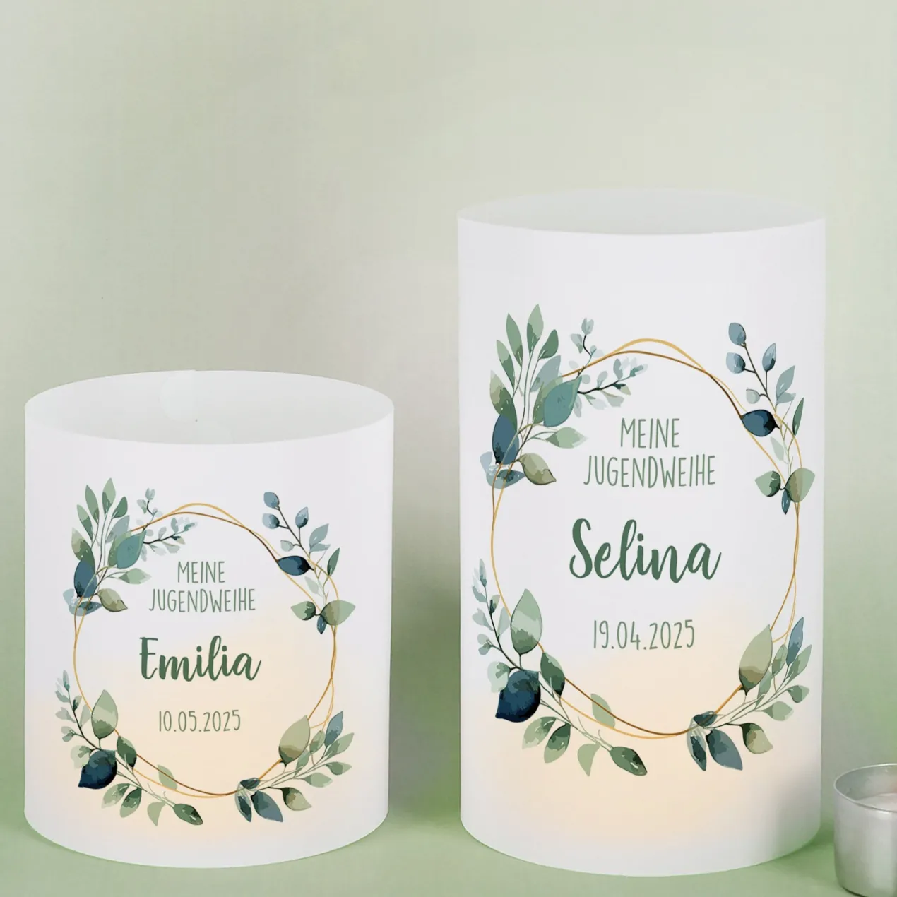 Lichthülle für Kerzen | Tischdeko zur Jugendweihe | 2 Größen | Personalisiert im Eukalyptus-Design