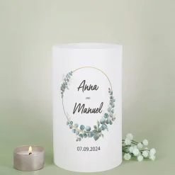 Lichthüllen zur Hochzeit mit Eukalyptus-Motiv, Namen und Datum, 2 Größen
