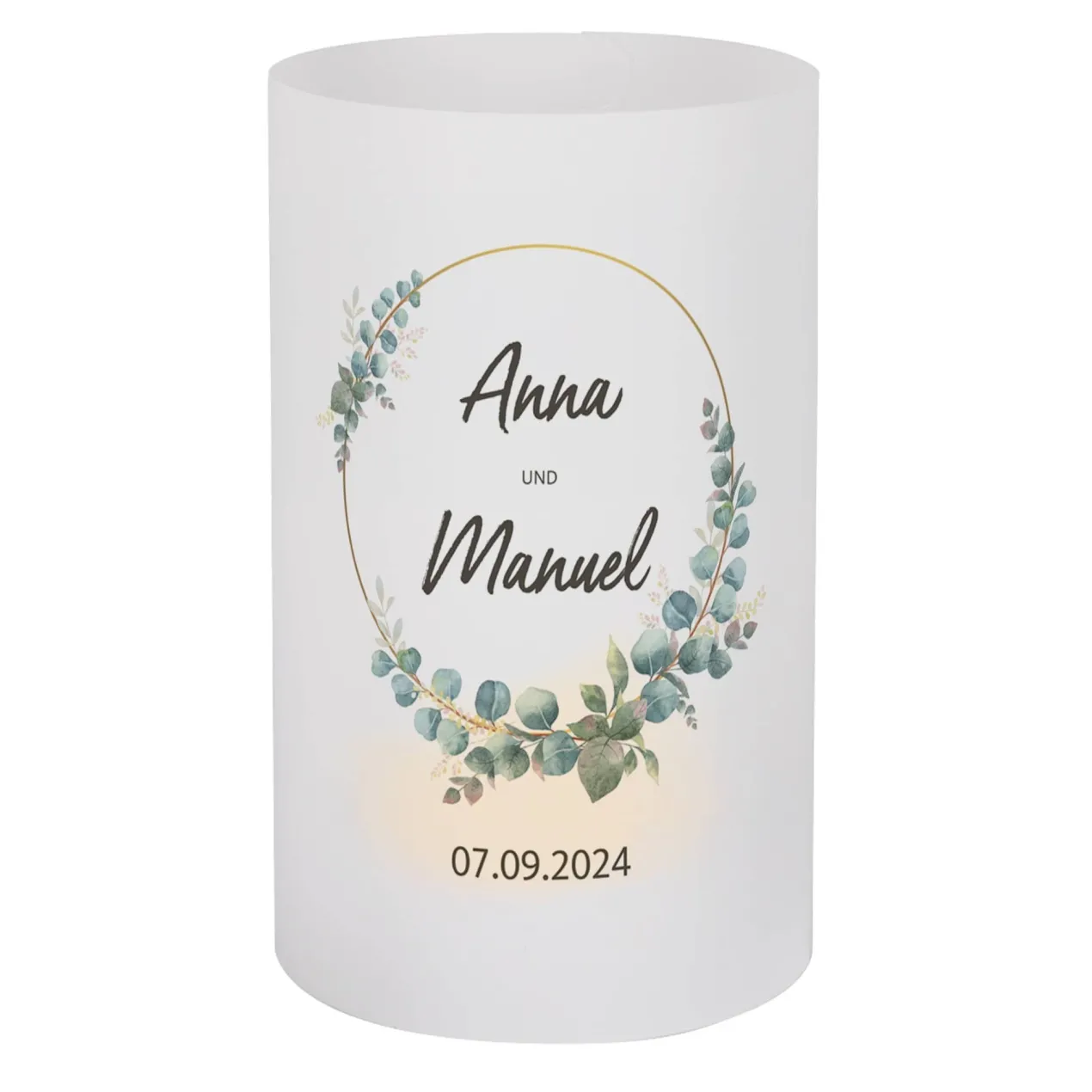 Lichthüllen zur Hochzeit mit Eukalyptus-Motiv, Namen und Datum, 2 Größen