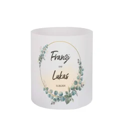 Lichthüllen zur Hochzeit mit Eukalyptus-Motiv, Namen und Datum, 2 Größen