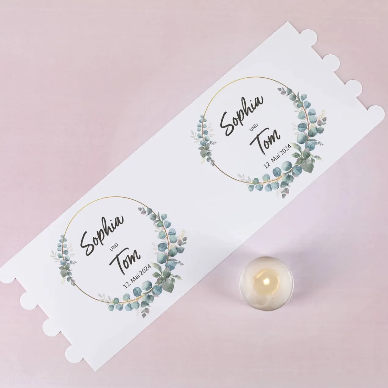 Lichthüllen zur Hochzeit mit Eukalyptus-Motiv, Namen und Datum, 2 Größen