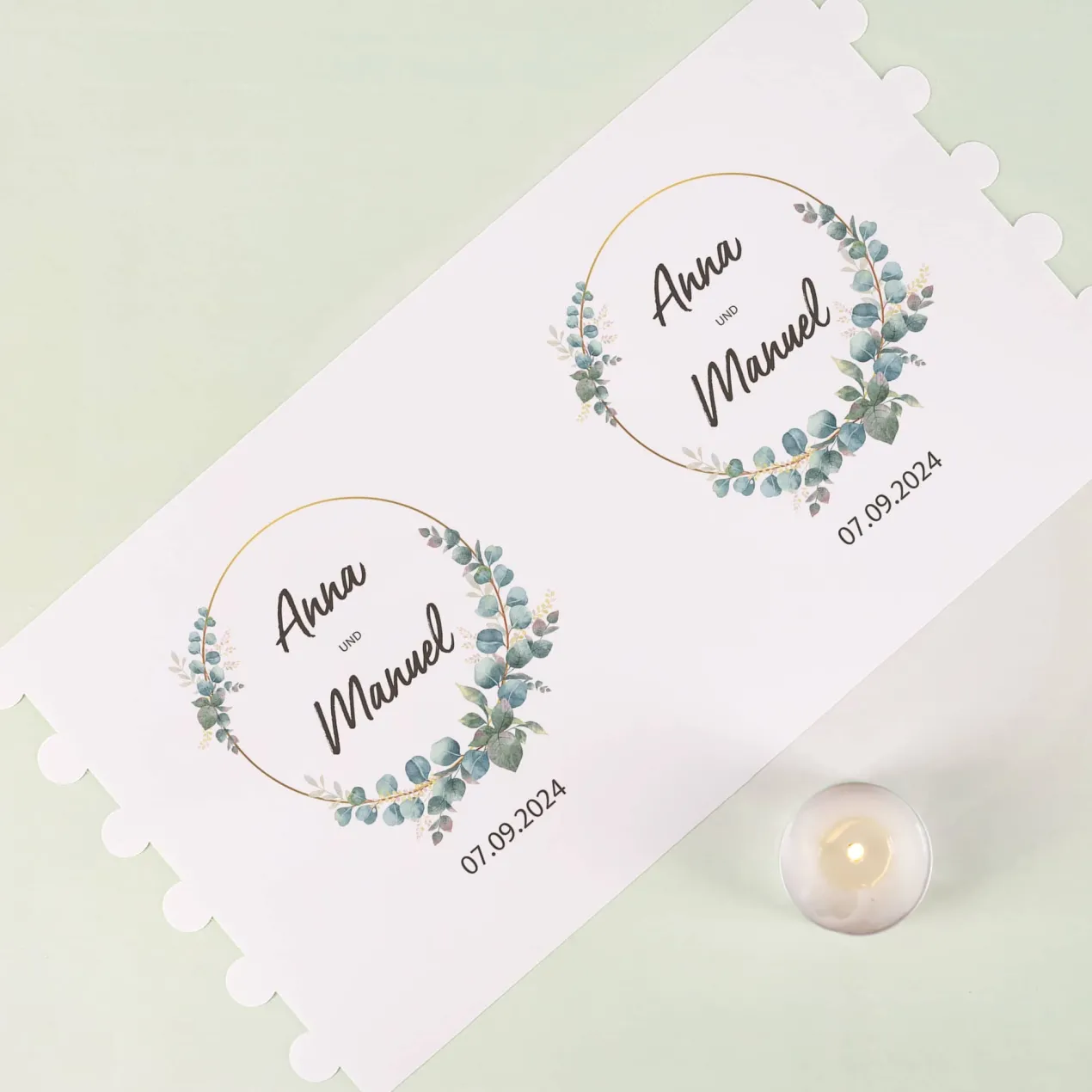 Lichthüllen zur Hochzeit mit Eukalyptus-Motiv, Namen und Datum, 2 Größen