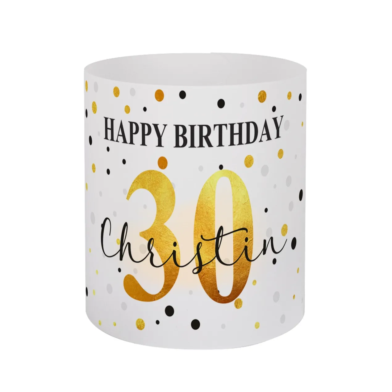 Lichthülle zum Geburtstag mit persönlichem Aufdruck in Schwarz-Gold