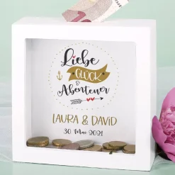 Liebe, Glück & Abenteuer - Bilderrahmen Spardose für Geldgeschenke zur Hochzeit