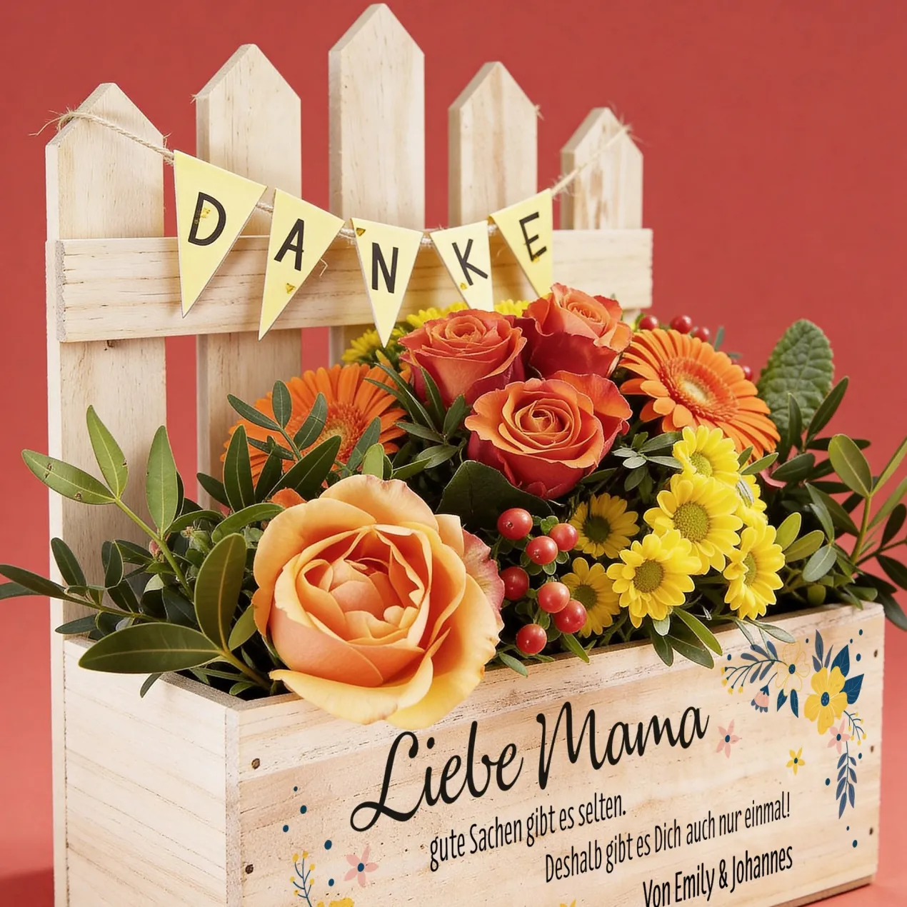 Liebe Mama - Pflanzkiste zum Muttertag mit Zaundetail und Wunschtext