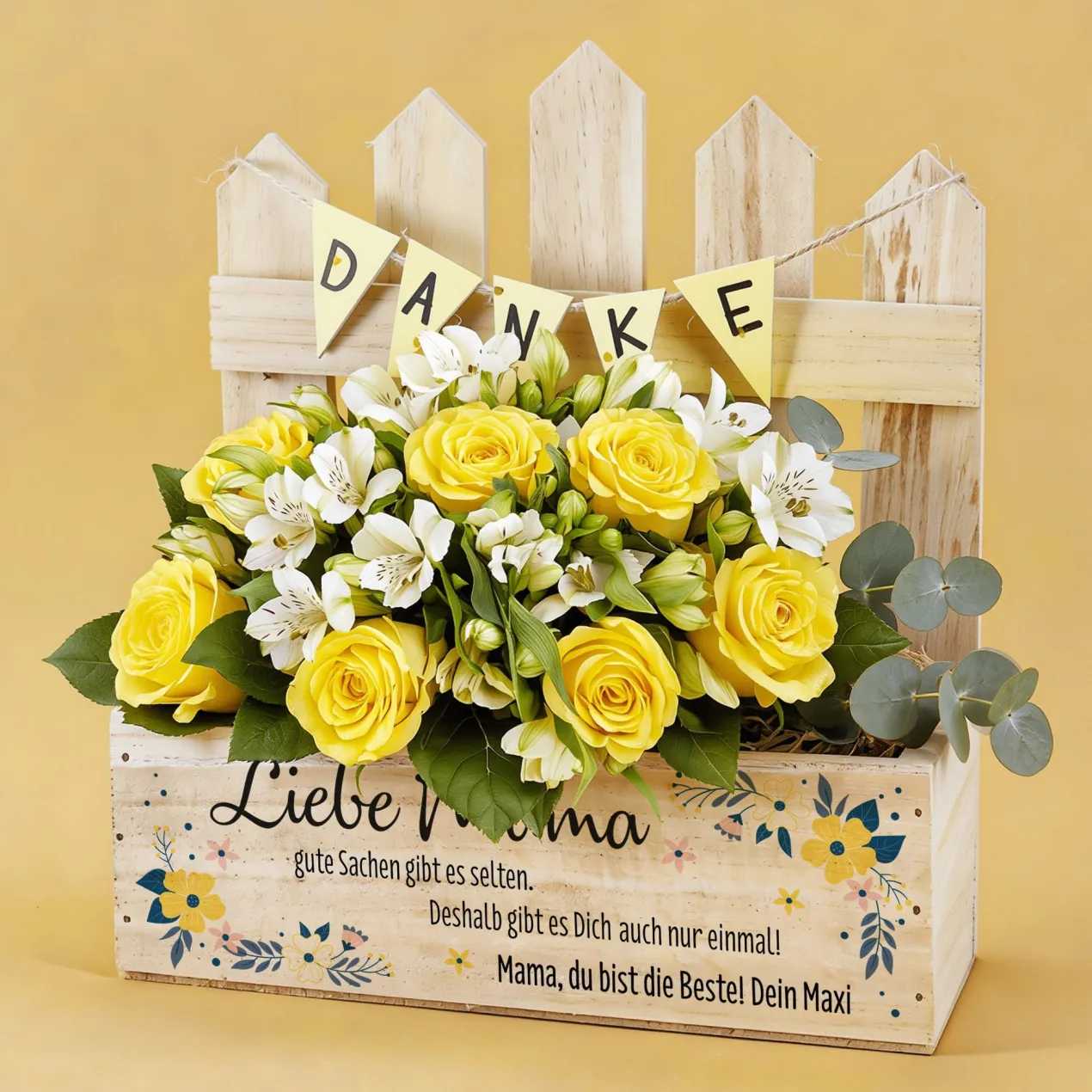 Liebe Mama - Pflanzkiste zum Muttertag mit Zaundetail und Wunschtext