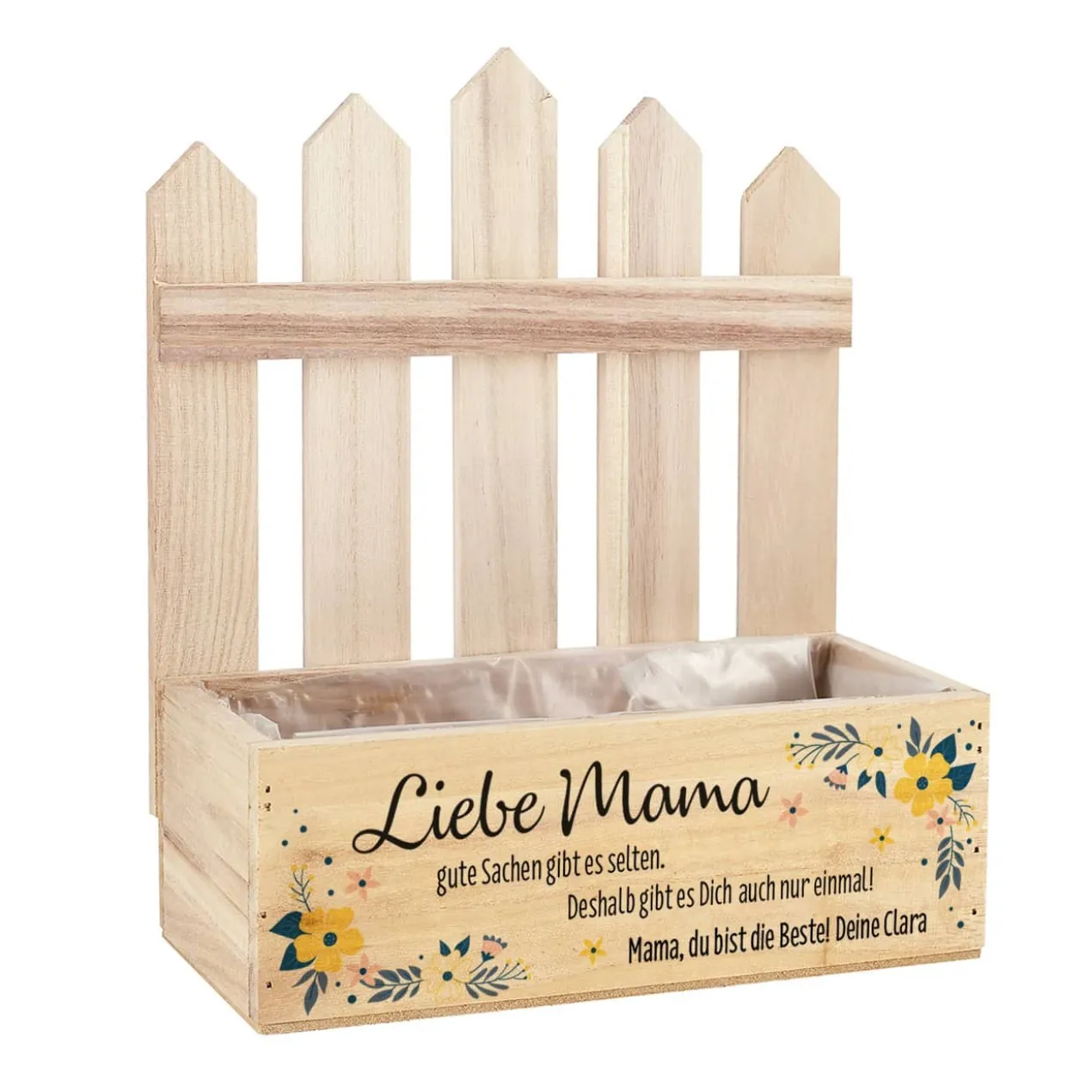 Liebe Mama - Pflanzkiste zum Muttertag mit Zaundetail und Wunschtext
