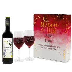 Liebe und Wein - Wein Geschenkset mit zwei gravierten Weingläsern und Biorebe-Wein