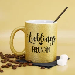 Lieblings - Glitzertasse mit Ihrem Wunschtext