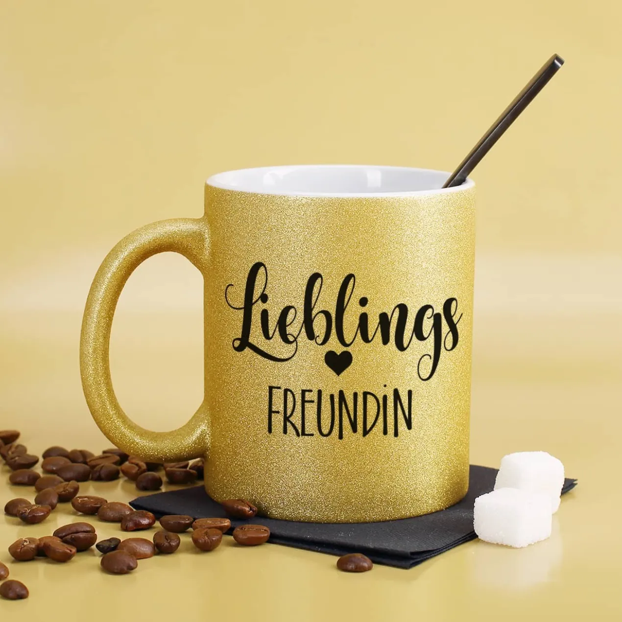 Lieblings - Glitzertasse mit Ihrem Wunschtext