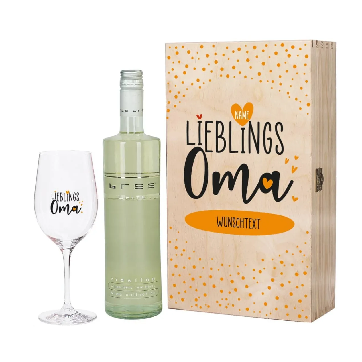Lieblingsoma - Weingeschenk mit bedrucktem Glas in edler Holzverpackung