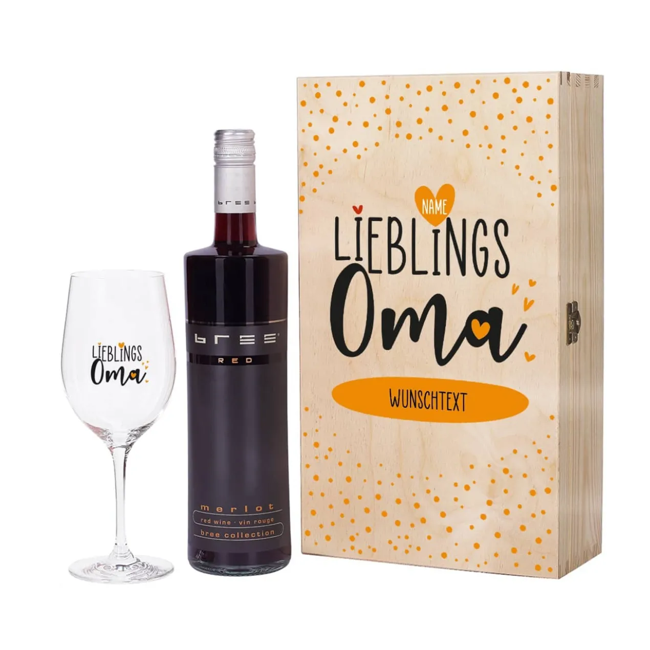 Lieblingsoma - Weingeschenk mit bedrucktem Glas in edler Holzverpackung
