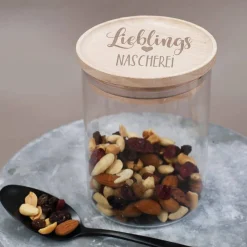 Lieblings... Vorratsdose aus Glas mit graviertem Holzdeckel in zwei Größen