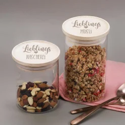 Lieblings... Vorratsdose aus Glas mit graviertem Holzdeckel in zwei Größen