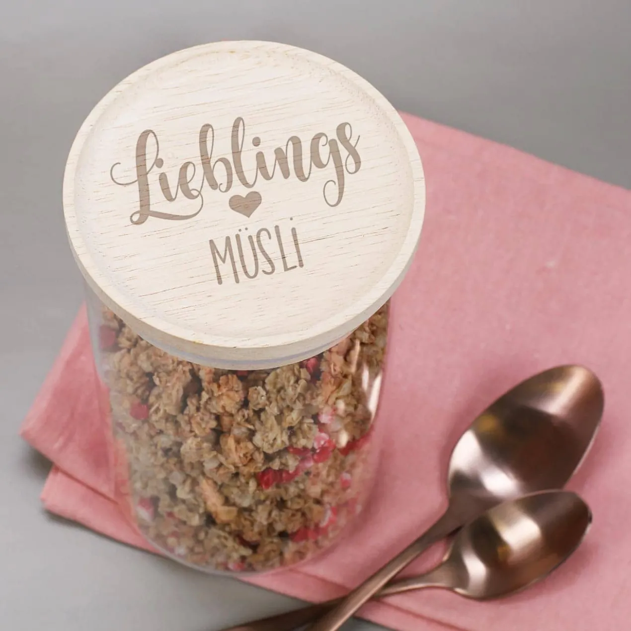 Lieblings... Vorratsdose aus Glas mit graviertem Holzdeckel in zwei Größen