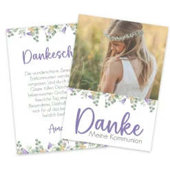 Lila Dankeskarte mit Blumenmotiv und Foto zur Taufe, Kommunion oder Konfirmation