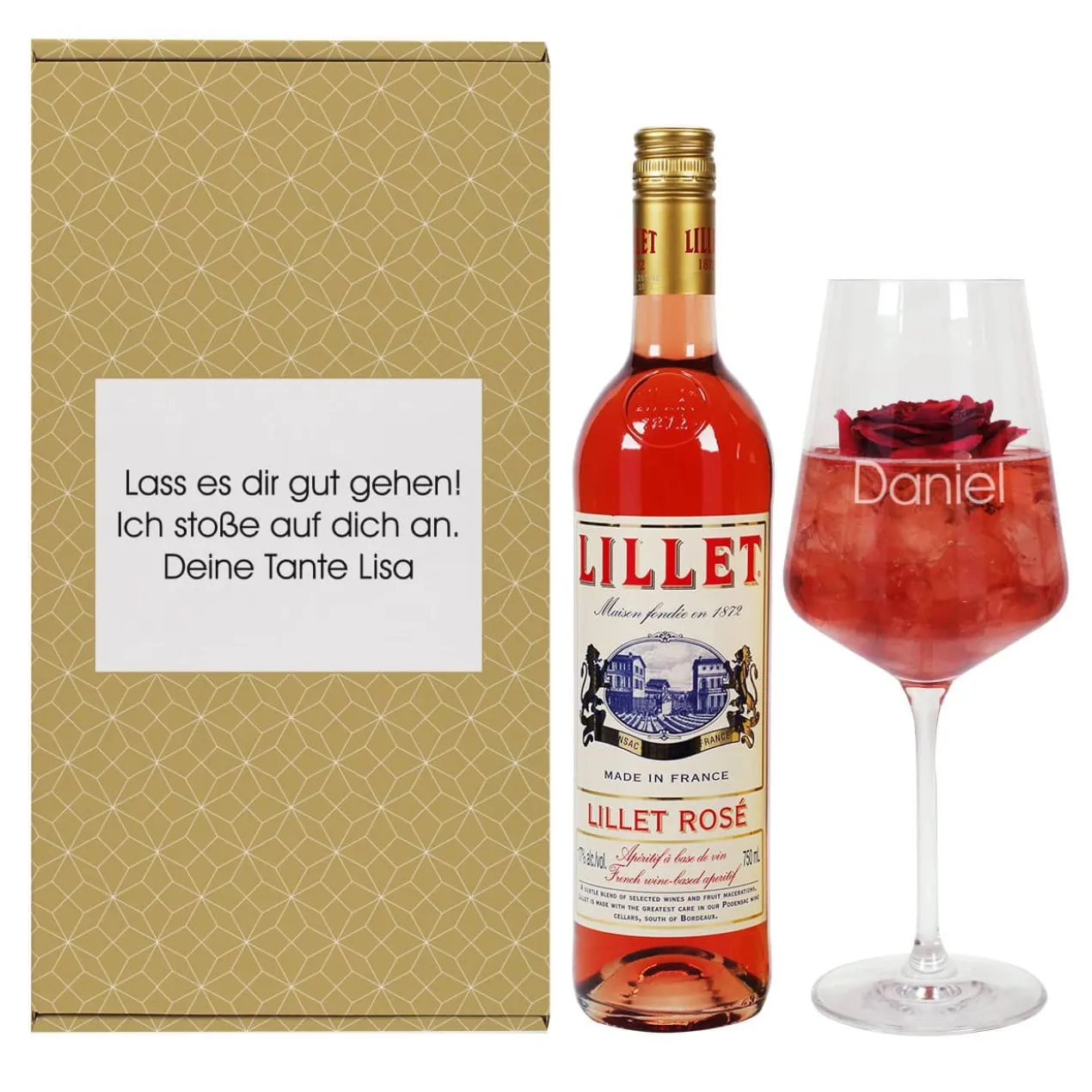 Lillet Geschenkset mit graviertem Weinglas für verschiedene Anlässe