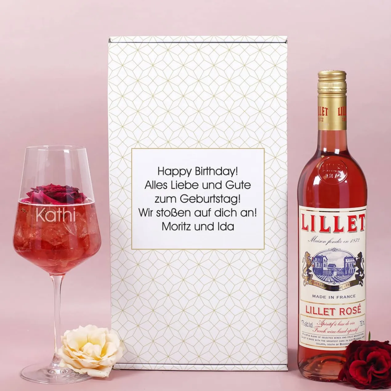 Lillet Geschenkset mit graviertem Weinglas für verschiedene Anlässe