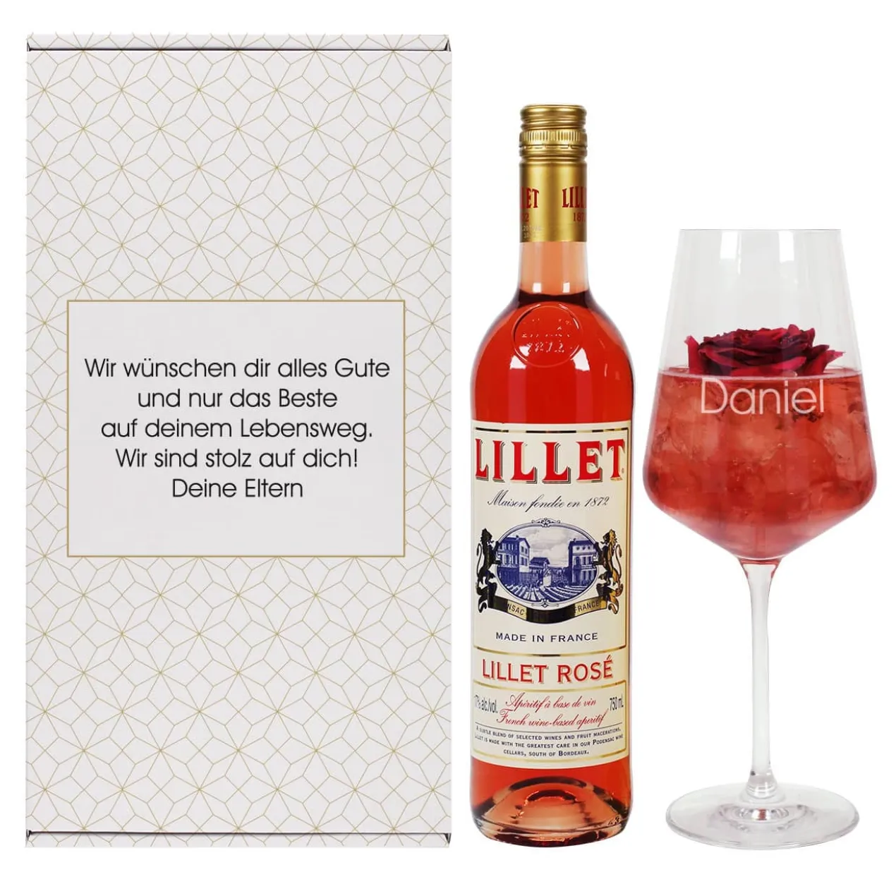 Lillet Geschenkset mit graviertem Weinglas für verschiedene Anlässe
