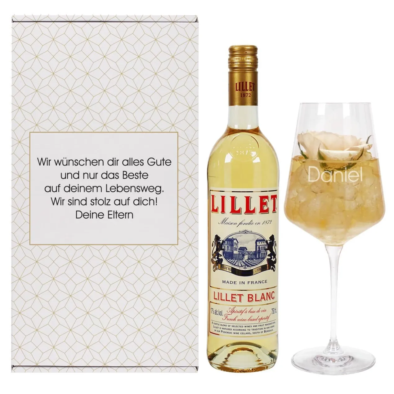 Lillet Geschenkset mit graviertem Weinglas für verschiedene Anlässe