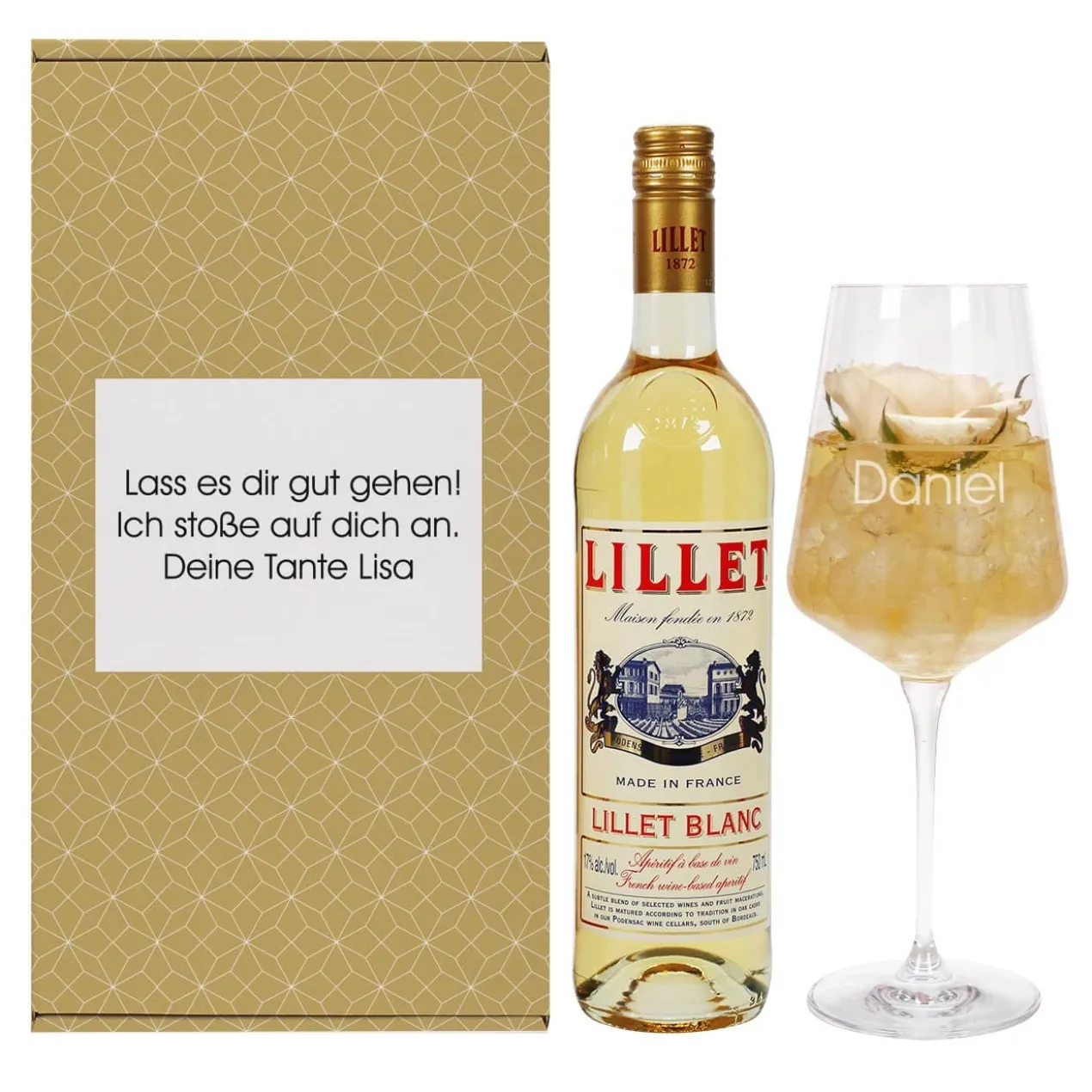 Lillet Geschenkset mit graviertem Weinglas für verschiedene Anlässe