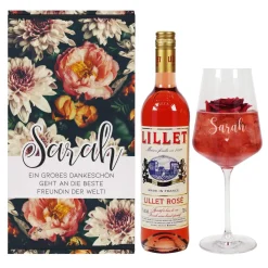 Lillet Geschenkset mit graviertem Weinglas und eleganten Vintage Blumenmotiv
