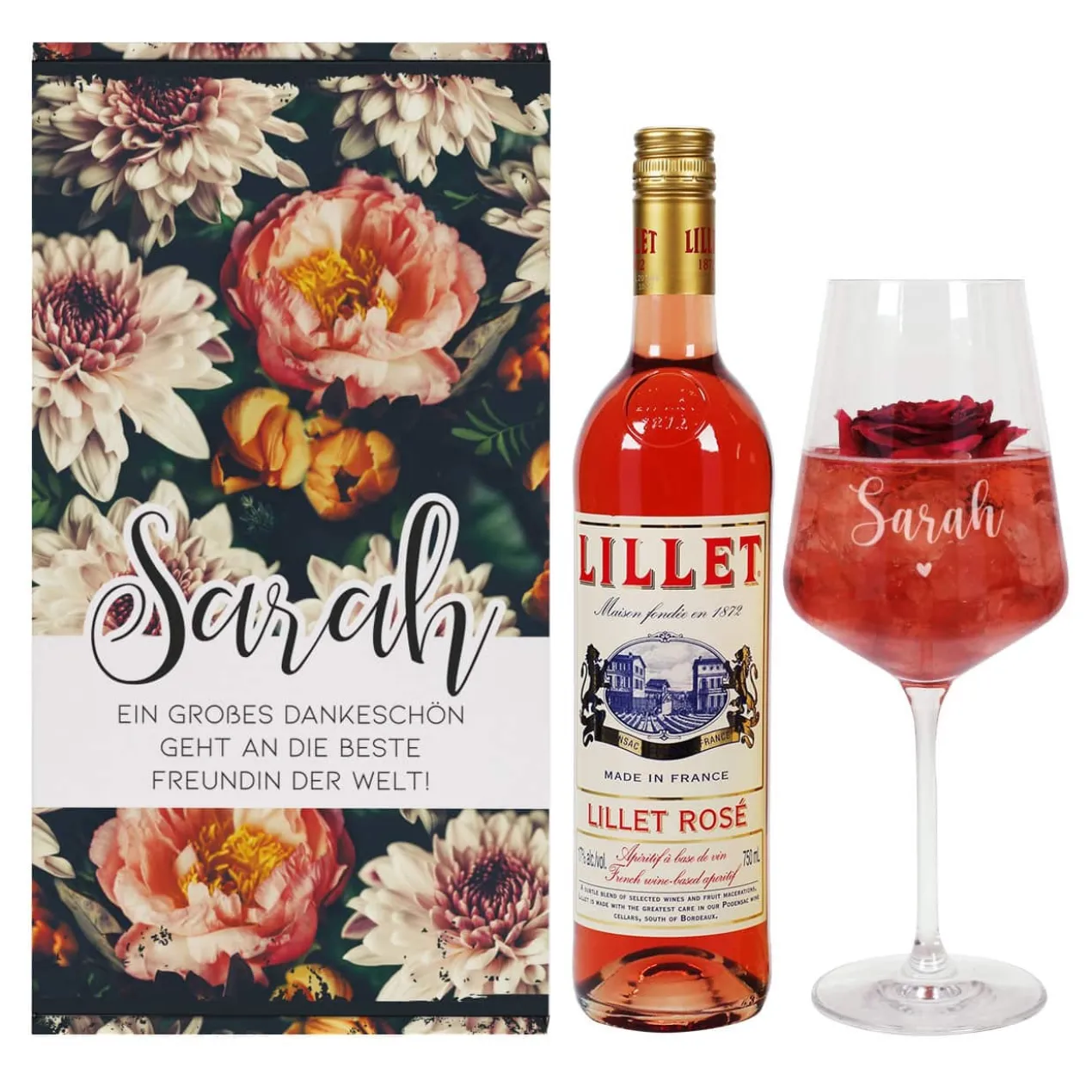 Lillet Geschenkset mit graviertem Weinglas und eleganten Vintage Blumenmotiv