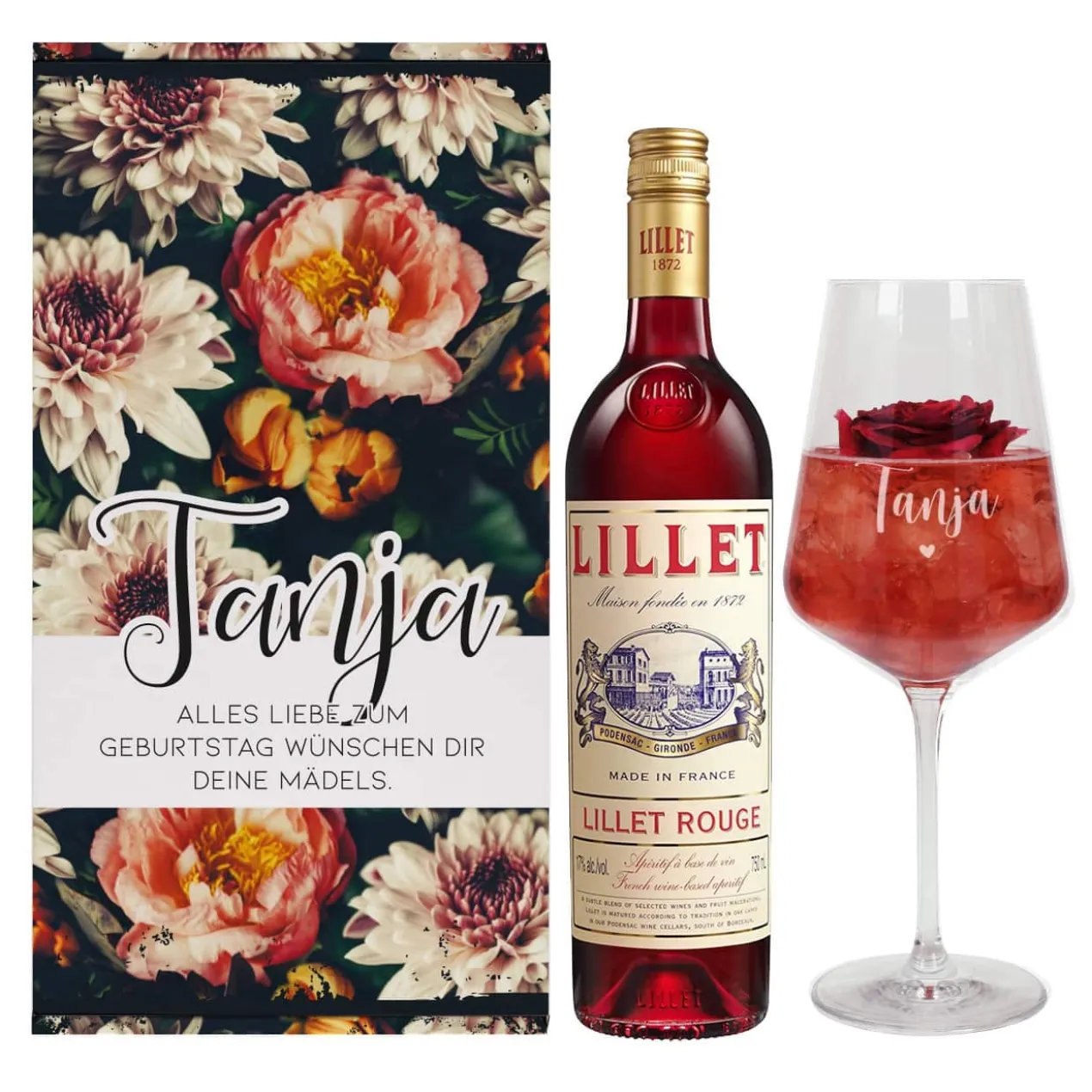 Lillet Geschenkset mit graviertem Weinglas und eleganten Vintage Blumenmotiv