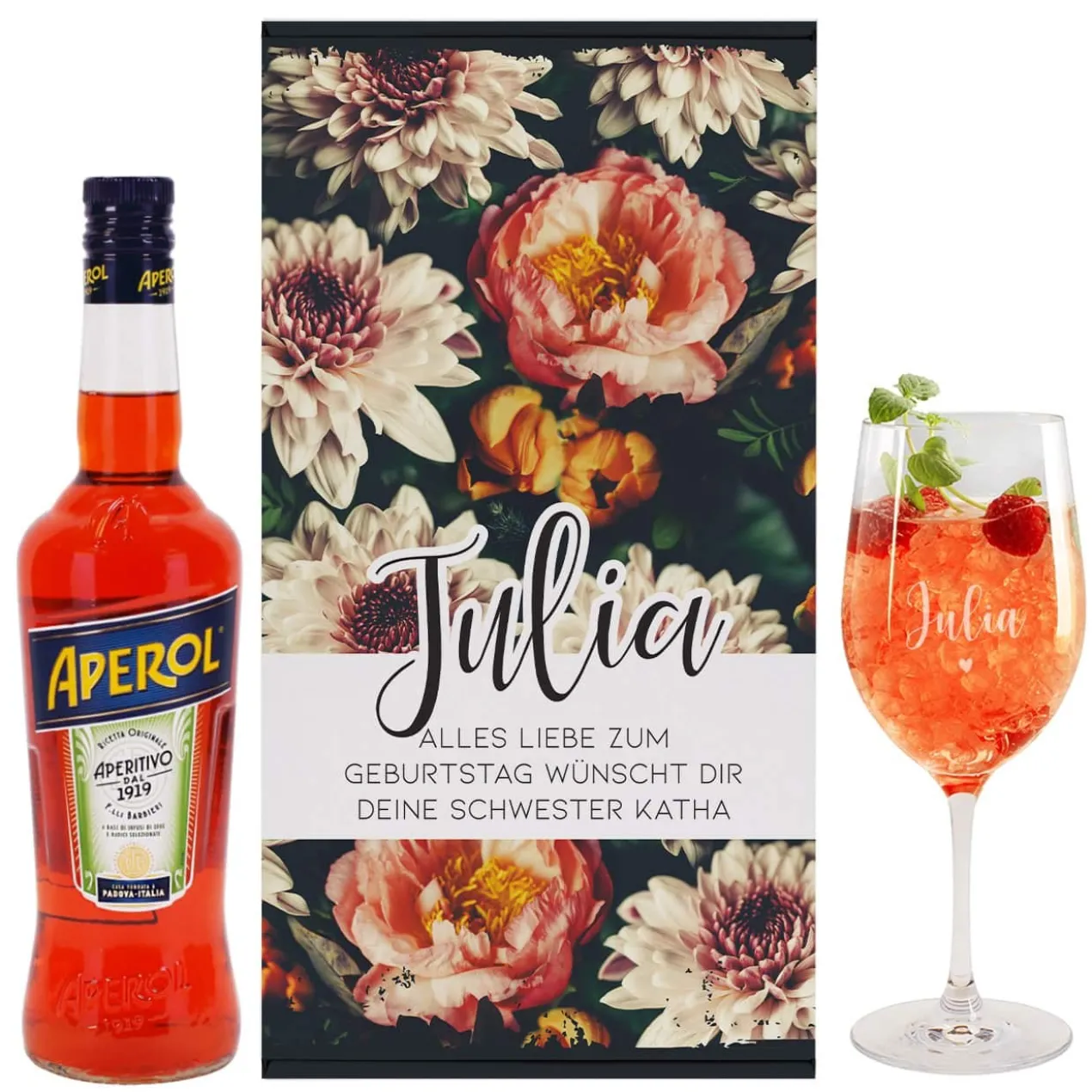 Lillet Geschenkset mit graviertem Weinglas und eleganten Vintage Blumenmotiv