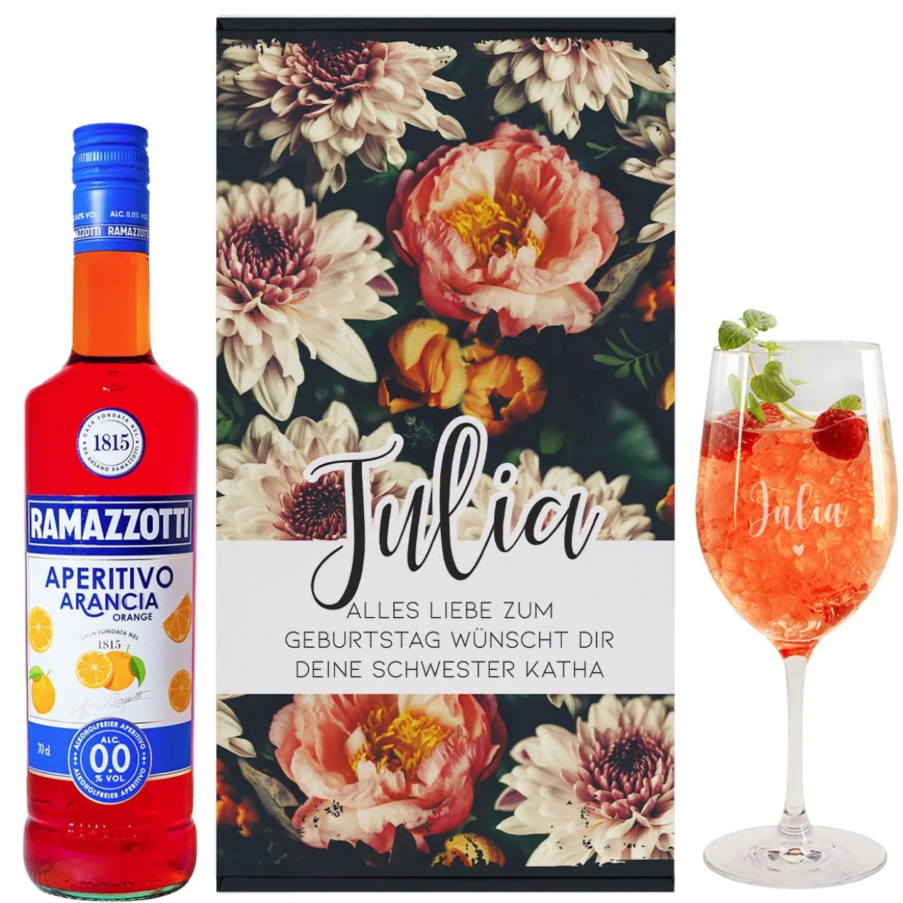 Lillet Geschenkset mit graviertem Weinglas und eleganten Vintage Blumenmotiv