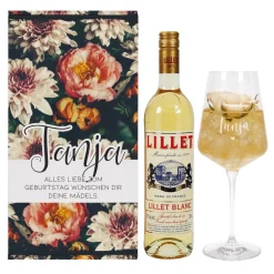 Lillet Geschenkset mit graviertem Weinglas und eleganten Vintage Blumenmotiv