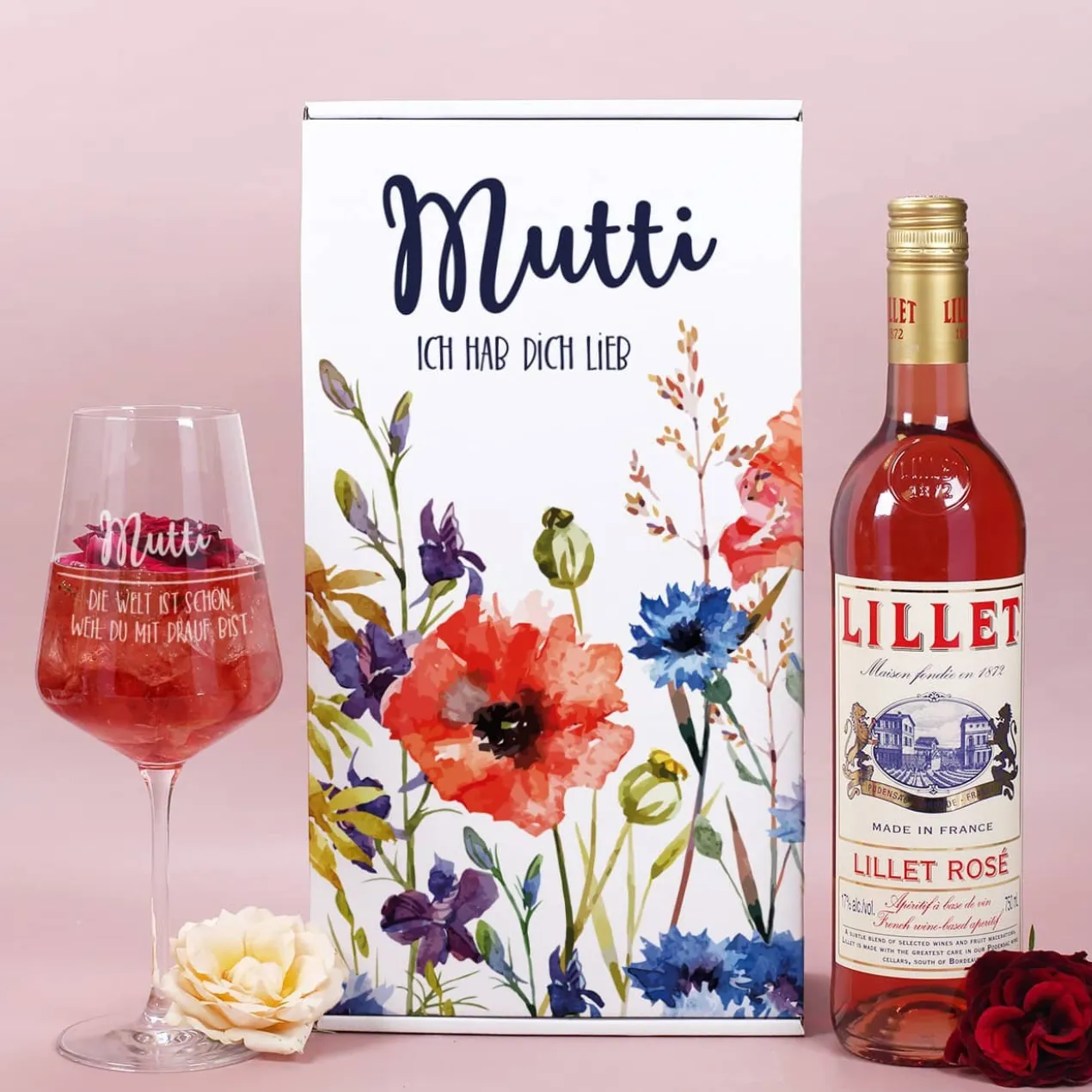 Lillet Geschenkset zum Muttertag mit bunten Frühlingsblumen und gravierten Weinglas