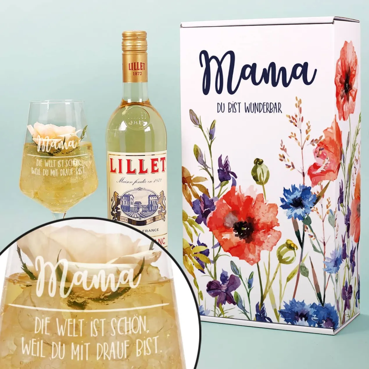 Lillet Geschenkset zum Muttertag mit bunten Frühlingsblumen und gravierten Weinglas
