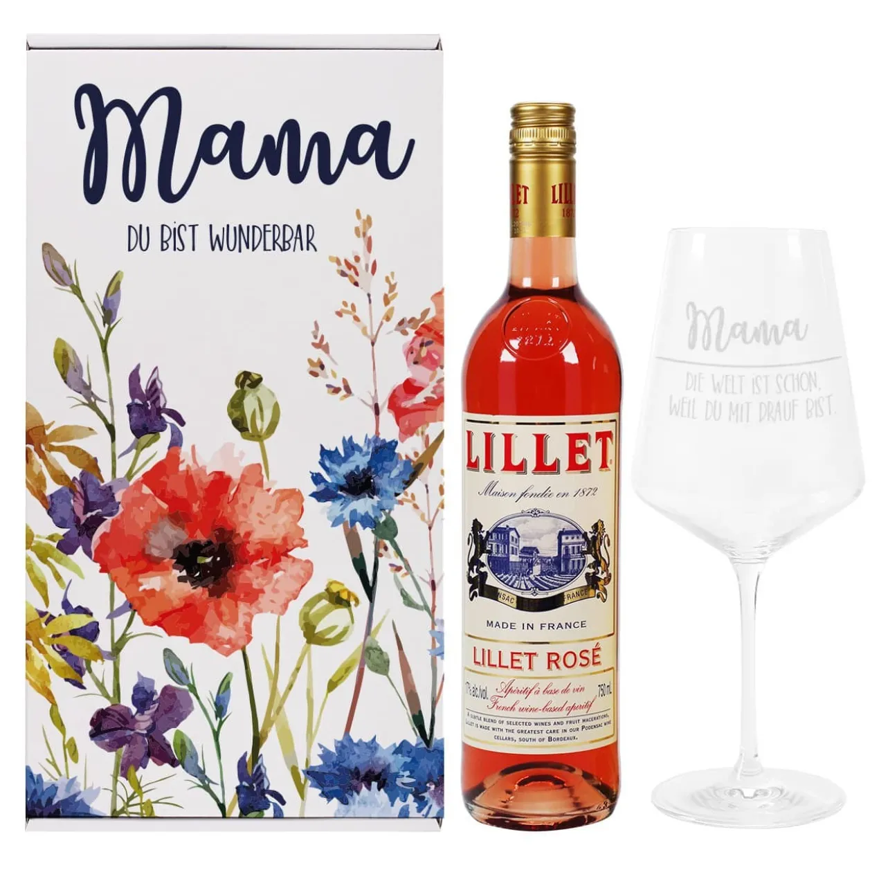 Lillet Geschenkset zum Muttertag mit bunten Frühlingsblumen und gravierten Weinglas