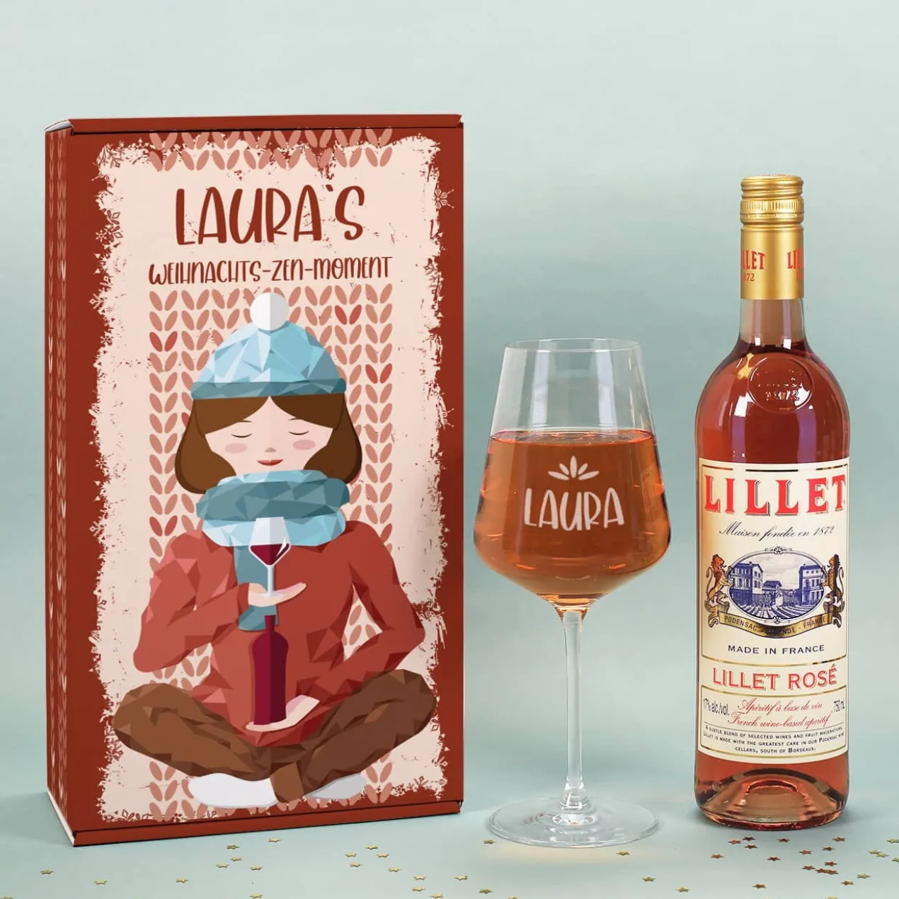 Lillet Präsentset für eine stressfreie Weihnachtszeit mit Glas und persönlicher Geschenkbox