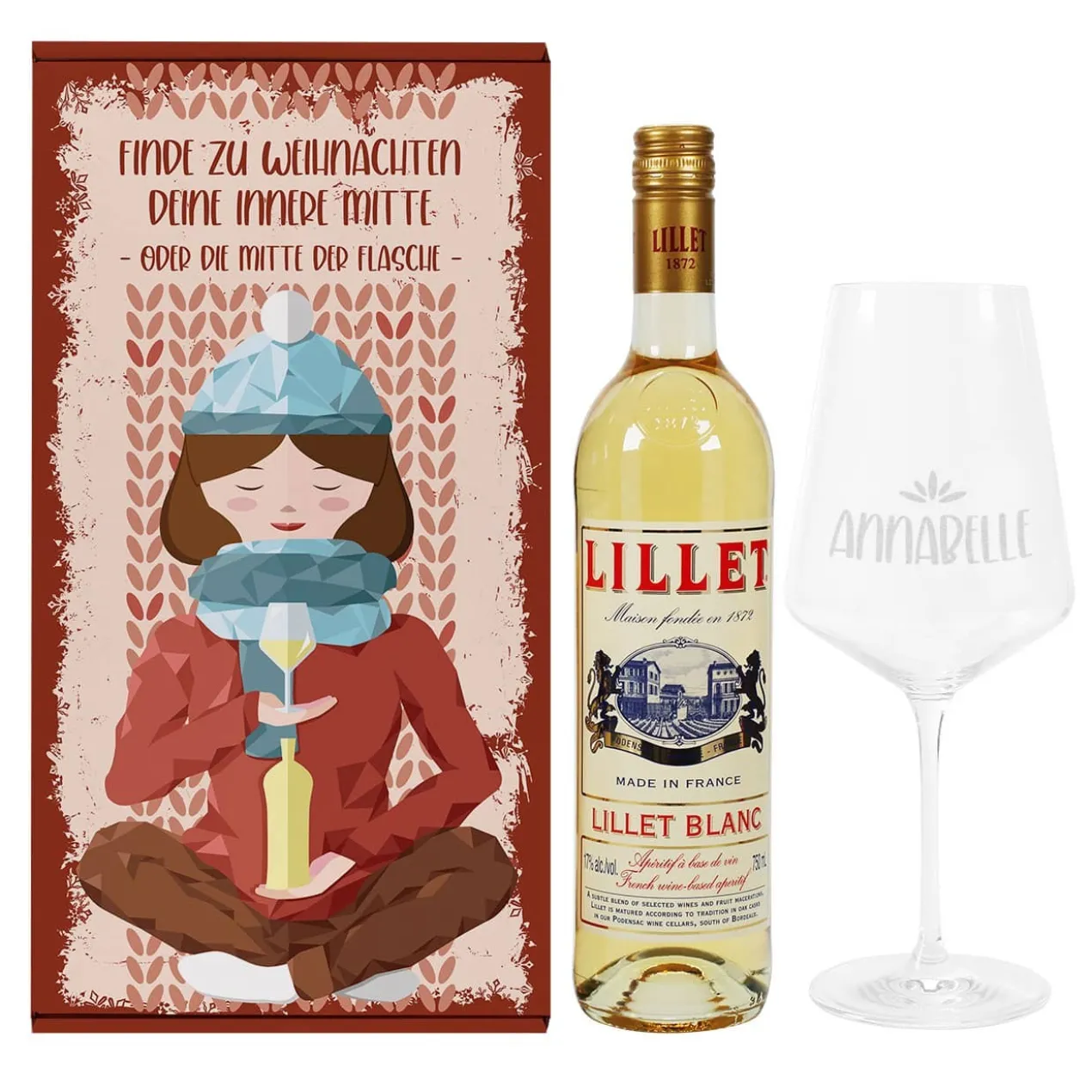 Lillet Präsentset für eine stressfreie Weihnachtszeit mit Glas und persönlicher Geschenkbox
