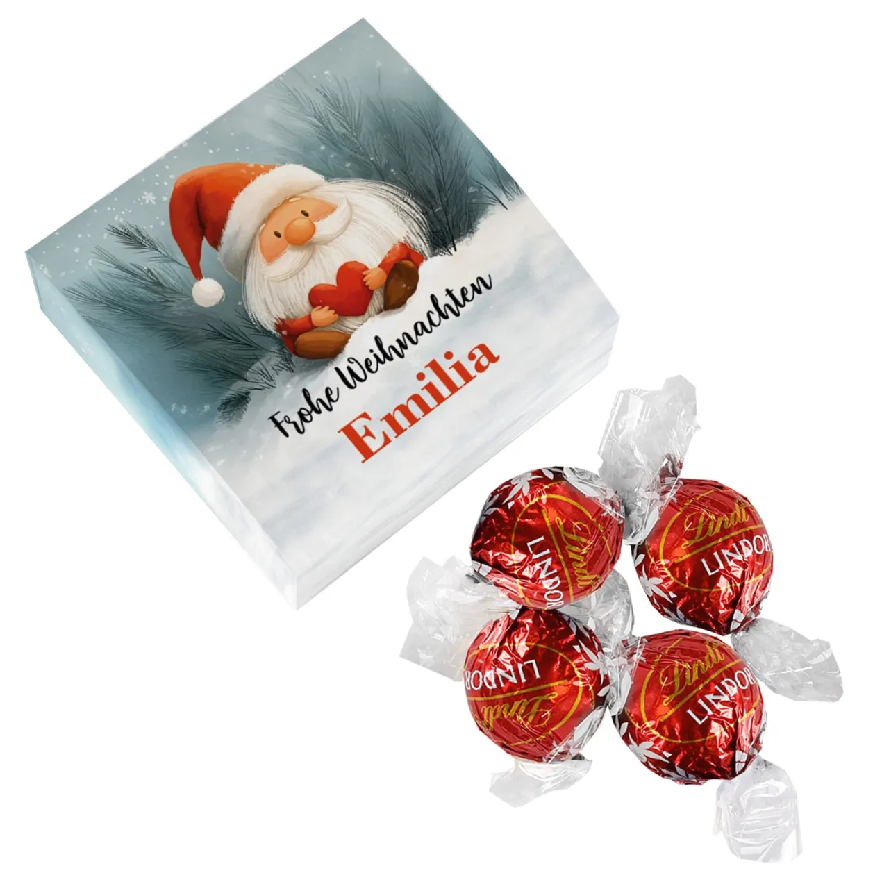 Lindorkugeln in personalisierter Geschenkbox zu Weihnachten | Wichtel-Motiv