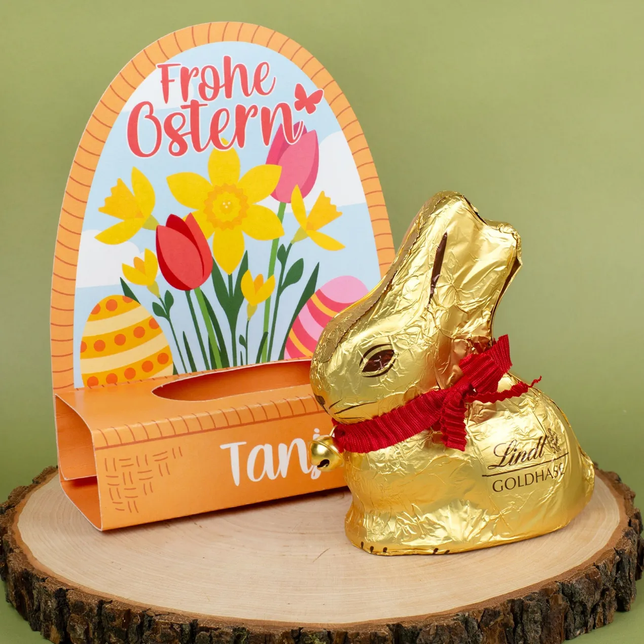 Lindt Goldhase 100 g personalisiert mit Name im Osterkörbchen 'Frohe Ostern' | Süßes Ostergeschenk