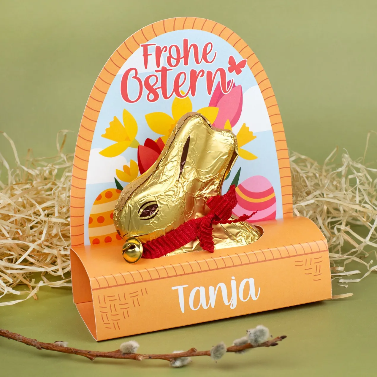 Lindt Goldhase 100 g personalisiert mit Name im Osterkörbchen 'Frohe Ostern' | Süßes Ostergeschenk